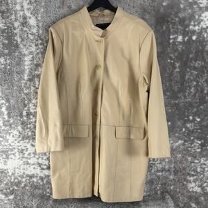Jerry Lewis Sz XL Faux Leather Outdoor Button TrenchCoat Beige Lined Long Sleeve